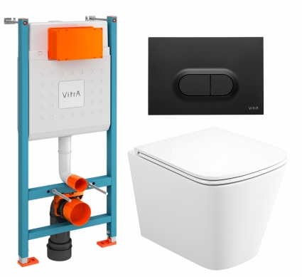 Комплект 3 в 1 инсталляция VitrA V-Fix Core + Унитаз подвесной Enio Binario Tornado 1.0 EN4180237 + кнопка черная матовая