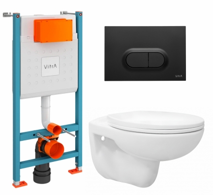 Комплект 3 в 1 инсталляция VitrA V-Fix Core + Унитаз подвесной Enio Ekos EN0170571 + кнопка черная матовая