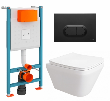 Комплект 3 в 1 инсталляция VitrA V-Fix Core + Унитаз подвесной Enio Vicino EN9170544 + кнопка черная матовая