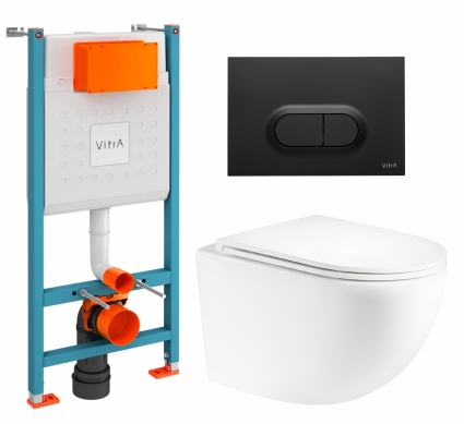 Комплект 3 в 1 инсталляция VitrA V-Fix Core + Унитаз подвесной Enio Unico Tornado EN2105073 + кнопка черная матовая
