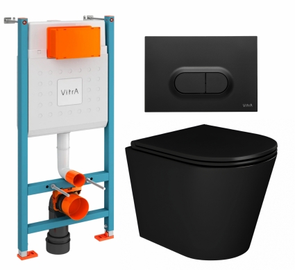 Комплект 3 в 1 инсталляция VitrA V-Fix Core +  Унитаз подвесной Enio Cento BL EN4280035 + кнопка черная матовая