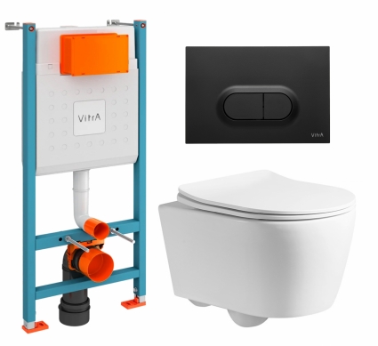 Комплект 3 в 1 инсталляция VitrA V-Fix Core + Унитаз подвесной CeruttiSpa Sella PP 9738 + кнопка черная матовая