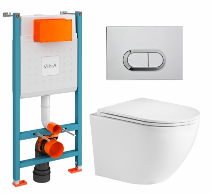 Комплект 3 в 1 инсталляция VitrA V-Fix Core + Подвесной унитаз WeltWasser Merzbach 043 GL-WT + кнопка хром