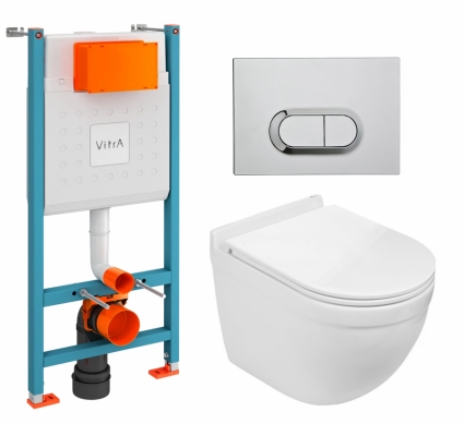 Комплект 3 в 1 инсталляция VitrA V-Fix Core + Подвесной унитаз WeltWasser Heimbach 043 GL-WT + кнопка хром