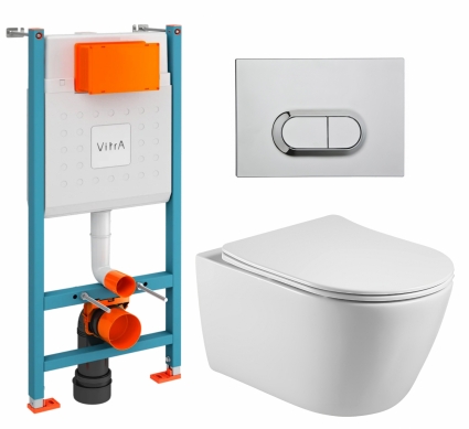 Комплект 3 в 1 инсталляция VitrA V-Fix Core + Унитаз подвесной Акватек Вега AQ1905-00 + кнопка хром