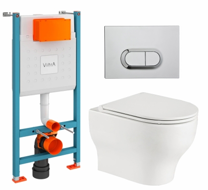Комплект 3 в 1 инсталляция VitrA V-Fix Core + Подвесной унитаз WeltWasser Erlenbach 004 GL-WT + кнопка хром