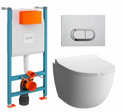 Комплект 3 в 1 инсталляция VitrA V-Fix Core + Унитаз подвесной VitrA Sento 7748В003-0075 + кнопка хром