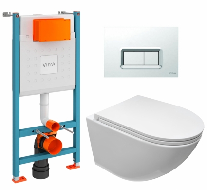 Комплект 3 в 1 инсталляция VitrA V-Fix Core + Подвесной безободковый унитаз CeruttiSpa Sella aria CT7183 + кнопка хром