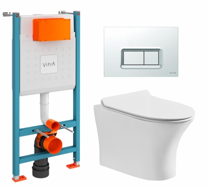 Комплект 3 в 1 инсталляция VitrA V-Fix Core + Подвесной безободковый унитаз CeruttiSpa Bernina aria CT7191 + кнопка хром