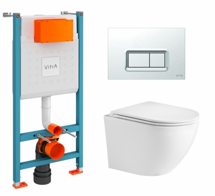 Комплект 3 в 1 инсталляция VitrA V-Fix Core +  Подвесной унитаз WeltWasser Merzbach 043 GL-WT + кнопка хром