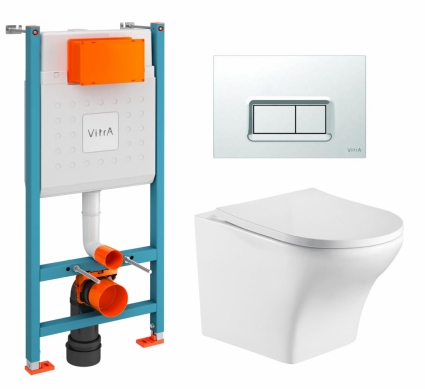 Комплект 3 в 1 инсталляция VitrA V-Fix Core +  Подвесной унитаз WeltWasser Odenbach 004 GL-WT + кнопка хром