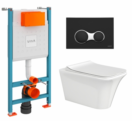 Комплект 3 в 1 инсталляция VitrA V-Fix Core + Подвесной безободковый унитаз CeruttiSpa Sella aria CT7183 + кнопка черная матовая