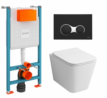 Комплект 3 в 1 инсталляция VitrA V-Fix Core + Унитаз подвесной Grossman GR-4441S + кнопка черная матовая