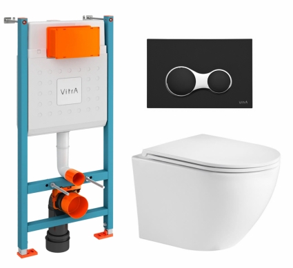 Комплект 3 в 1 инсталляция VitrA V-Fix Core + Подвесной унитаз WeltWasser Merzbach 043 GL-WT + кнопка черная матовая