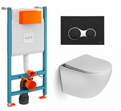 Комплект 3 в 1 инсталляция VitrA V-Fix Core + Унитаз подвесной SantiLine SL-5005 + кнопка черная матовая