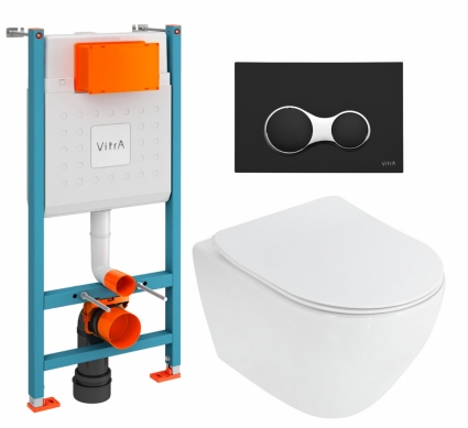 Комплект 3 в 1 инсталляция VitrA V-Fix Core + Унитаз подвесной Cezares Stylus CZR-513-TH-R + кнопка черная матовая