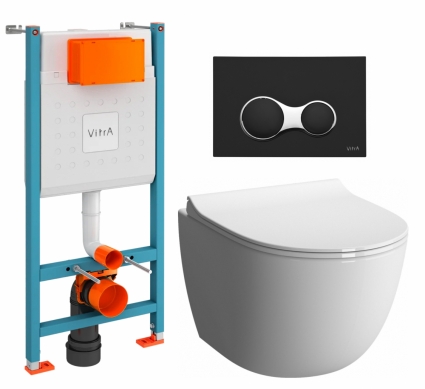 Комплект 3 в 1 инсталляция VitrA V-Fix Core + Унитаз подвесной VitrA Sento 7748В003-0075 + кнопка черная матовая