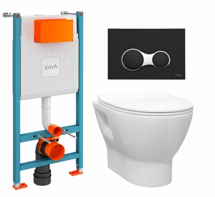 Комплект 3 в 1 инсталляция VitrA V-Fix Core + Унитаз подвесной Enio Nativo EN1270551 + кнопка черная матовая