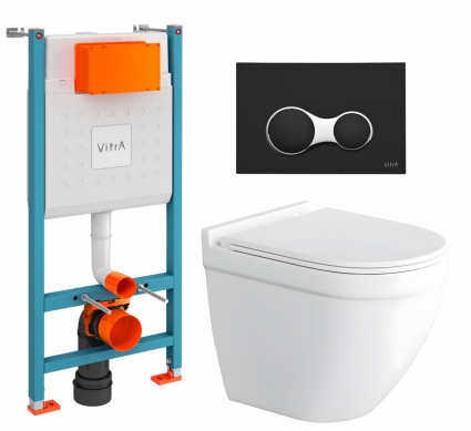 Комплект 3 в 1 инсталляция VitrA V-Fix Core + Унитаз подвесной Enio Pulito EN1170052 + кнопка черная матовая