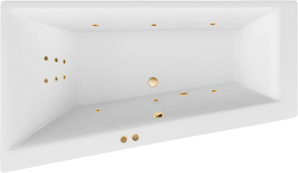 Акриловая ванна Excellent Sfera Line L 170x100 см, угловая, с гидромассажем, с каркасом, со сливом-переливом, фурнитура золото, асимметричная, объем 270 л.