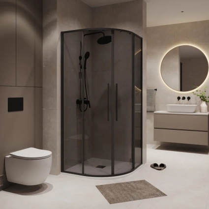 Душевой уголок Niagara Nova NG-2825-34BLACK 80x80, профиль черный матовый, стекло тонированное, полукруглый, двери раздвижные