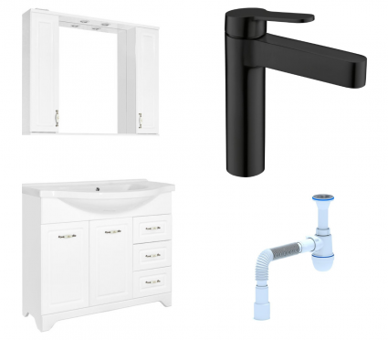 Комплект: Мебель для ванной Style Line Олеандр-2 100 Люкс + Смеситель BelBagno Delta DEL-LVM-NERO + Сифон АниПласт
