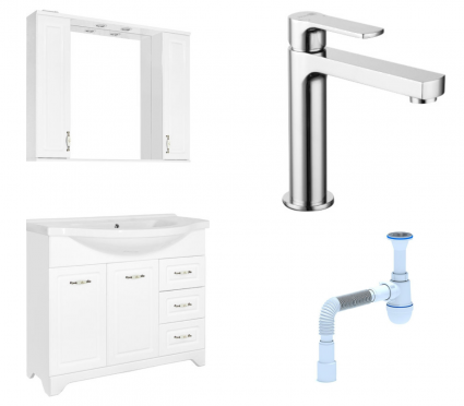 Комплект: Мебель для ванной Style Line Олеандр-2 100 Люкс + Смеситель Lemark plus Grace LM1537C + Сифон АниПласт