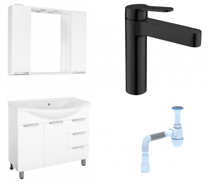 Комплект: Мебель для ванной Style Line Жасмин 100 + Смеситель BelBagno Delta DEL-LVM-NERO + Сифон АниПласт