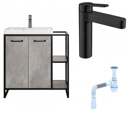 Комплект: Тумба с раковиной Style Line Лофт 60/80 + Смеситель BelBagno Delta DEL-LVM-NERO + Сифон АниПласт