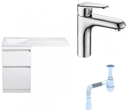 Комплект: Тумба с раковиной Style Line Даллас 110 Люкс Plus + Смеситель Lemark Point LM0306C + Сифон АниПласт