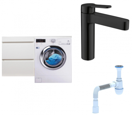 Комплект: Тумба с раковиной Style Line Даллас 110 Люкс Plus L + Смеситель BelBagno Delta DEL-LVM-NERO + Сифон АниПласт