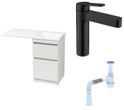 Комплект: Тумба с раковиной Style Line Даллас 110 Люкс Plus R + Смеситель BelBagno Delta DEL-LVM-NERO + Сифон АниПласт