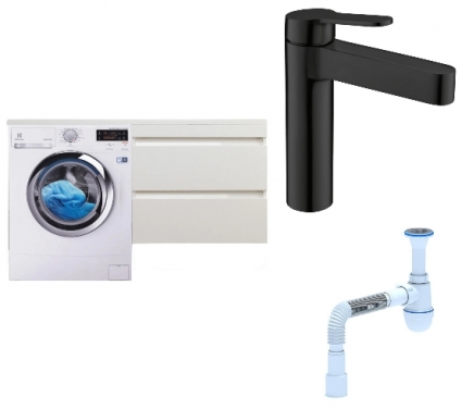 Комплект: Тумба с раковиной Style Line Даллас 140 Люкс Plus R + Смеситель BelBagno Delta DEL-LVM-NERO + Сифон АниПласт