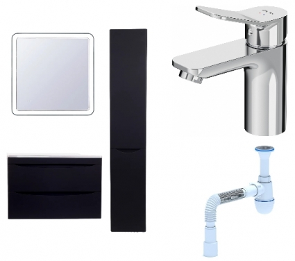 Комплект: Мебель для ванной Style Line Бергамо Мини 80 Люкс Plus + Смеситель Am.Pm X-Joy F85A02100 + Сифон АниПласт