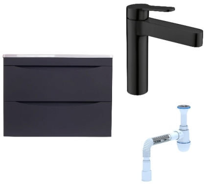 Комплект: Тумба с раковиной Style Line Бергамо Мини 70 Люкс Plus + Смеситель BelBagno Delta DEL-LVM-NERO + Сифон АниПласт