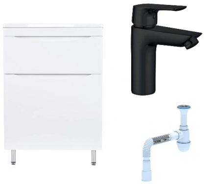Комплект: Тумба с раковиной Style Line Бергамо Мини 60 Люкс Plus + Смеситель Aquanet Static AF330-10B + Сифон АниПласт