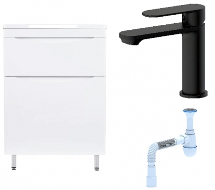 Комплект: Тумба с раковиной Style Line Бергамо Мини 60 Люкс Plus + Смеситель Haiba HB10590-7 + Сифон АниПласт