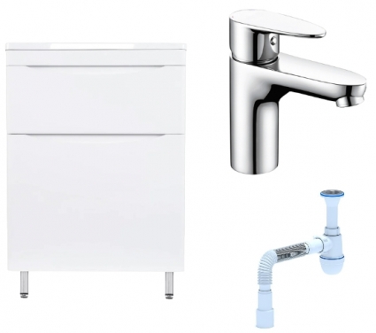 Комплект: Тумба с раковиной Style Line Бергамо Мини 60 Люкс Plus + Смеситель Wasserkraft Leine 3503 + Сифон АниПласт