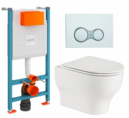 Комплект 3 в 1 инсталляция VitrA V-Fix Core + Подвесной унитаз WeltWasser Erlenbach 004 GL-WT + кнопка хром