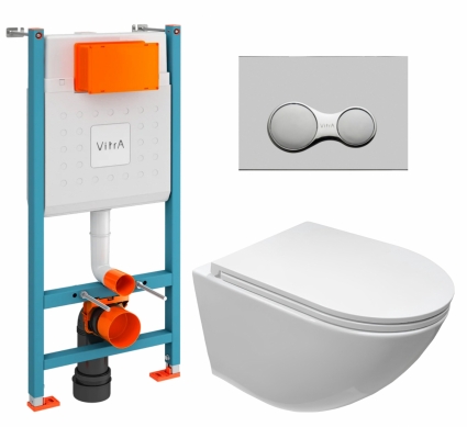 Комплект 3 в 1 инсталляция VitrA V-Fix Core + Подвесной безободковый унитаз CeruttiSpa Sella aria CT7183 + кнопка хром матовый