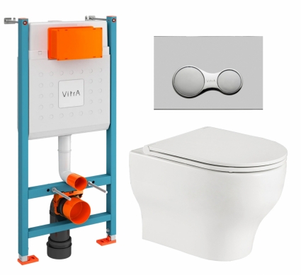 Комплект 3 в 1 инсталляция VitrA V-Fix Core + Подвесной унитаз WeltWasser Erlenbach 004 GL-WT + кнопка хром матовый