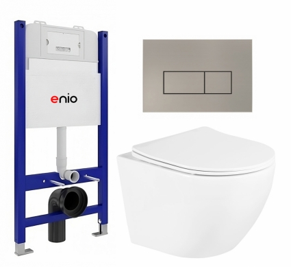 Комплект 3 в 1 инсталляция Enio Tecnico 50 EN8050050 + Унитаз подвесной BelBagno Uno BB3105CHR/SC + кнопка матовая нержавеющая сталь Rettangolo