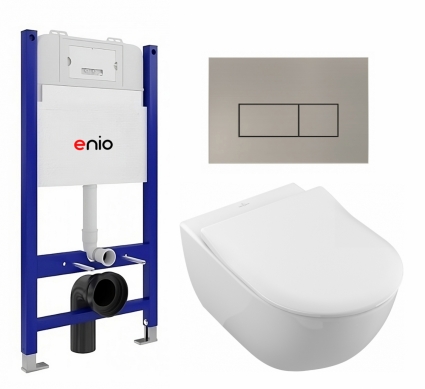Комплект 3 в 1 инсталляция Enio Tecnico 50 EN8050050 +  Унитаз подвесной Villeroy & Boch Subway 2.0 5614R201 + кнопка матовая нержавеющая сталь Rettangolo