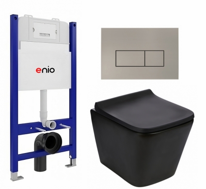 Комплект 3 в 1 инсталляция Enio Tecnico 50 EN8050050 + Подвесной унитаз WeltWasser Gelbach 043 MT-BL + кнопка матовая нержавеющая сталь Rettangolo