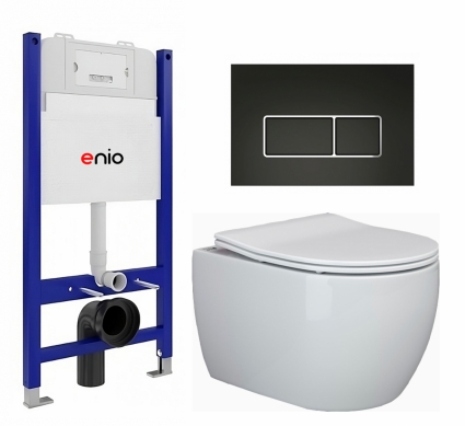 Комплект 3 в 1 инсталляция Enio Tecnico 50 EN8050050 + Унитаз подвесной Ceramica Nova Play CN3001 + кнопка черная матовая, окантовка хром Rettangolo