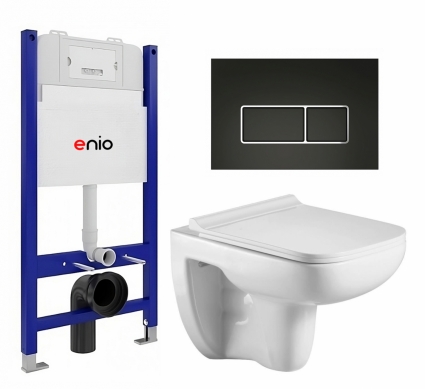 Комплект 3 в 1 инсталляция Enio Tecnico 50 EN8050050 + Подвесной унитаз WeltWasser Kehlbach 004 GL-WT + кнопка черная матовая, окантовка хром Rettangolo
