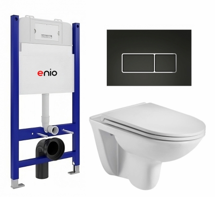 Комплект 3 в 1 инсталляция Enio Tecnico 50 EN8050050 + Подвесной унитаз WeltWasser Baarbach 004 GL-WT + кнопка черная матовая, окантовка хром Rettangolo
