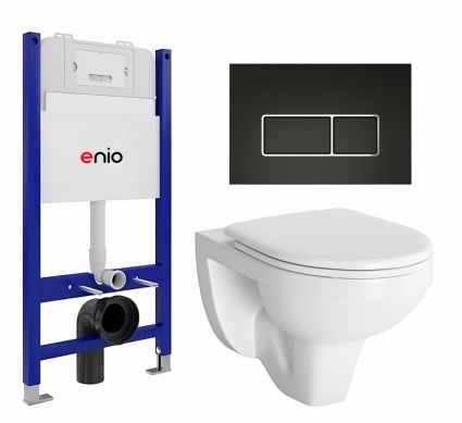 Комплект 3 в 1 инсталляция Enio Tecnico 50 EN8050050 + Унитаз подвесной Berges Wasserhaus Gamma 081105 + кнопка черная матовая, окантовка хром Rettangolo