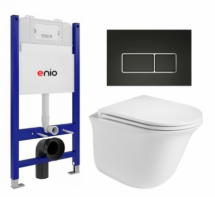 Комплект 3 в 1 инсталляция Enio Tecnico 50 EN8050050 + Подвесной унитаз WeltWasser Telbach 004 GL-WT + кнопка черная матовая, окантовка хром Rettangolo
