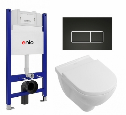 Комплект 3 в 1 инсталляция Enio Tecnico 50 EN8050050 + Унитаз подвесной Villeroy & Boch O Novo + кнопка черная матовая, окантовка хром Rettangolo